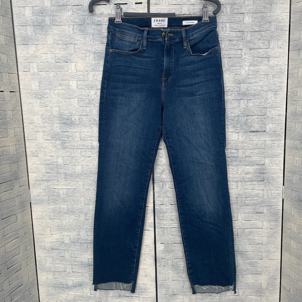 FRAME Le High Straight 27 Dark Wash Distressed‎ Raw Hem